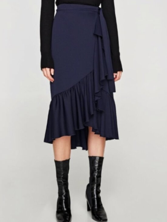 Zara Dresses & Skirts - Zara Basic Navy Blue Wrap Midi Skirt Small S Ruffle